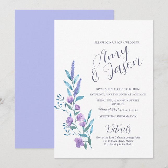 Wilde Blume Wasserfarben Mute Lavendel Wedding Einladung (Vorne/Hinten)