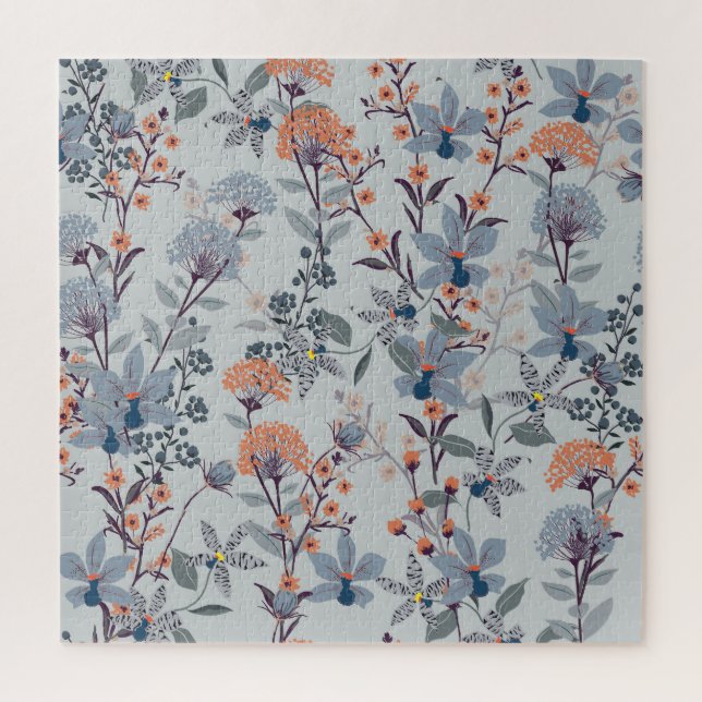 Wilde Blumen auf Blau, botanisches Muster. (Vertikal)