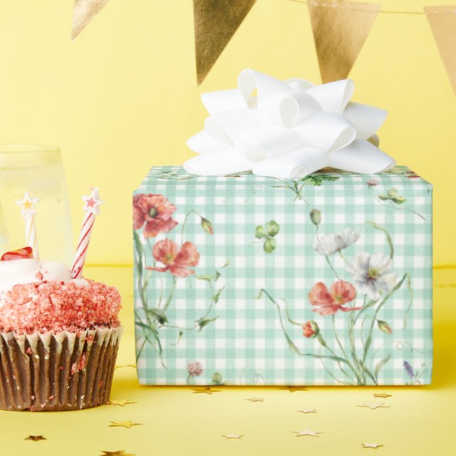 Wilde Blumen auf Gingham Geschenkpapier (Geburtstagsparty)