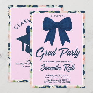 Wilde-Blumen-Blau-Gingham-Schleife-Abschlussfeier Einladung