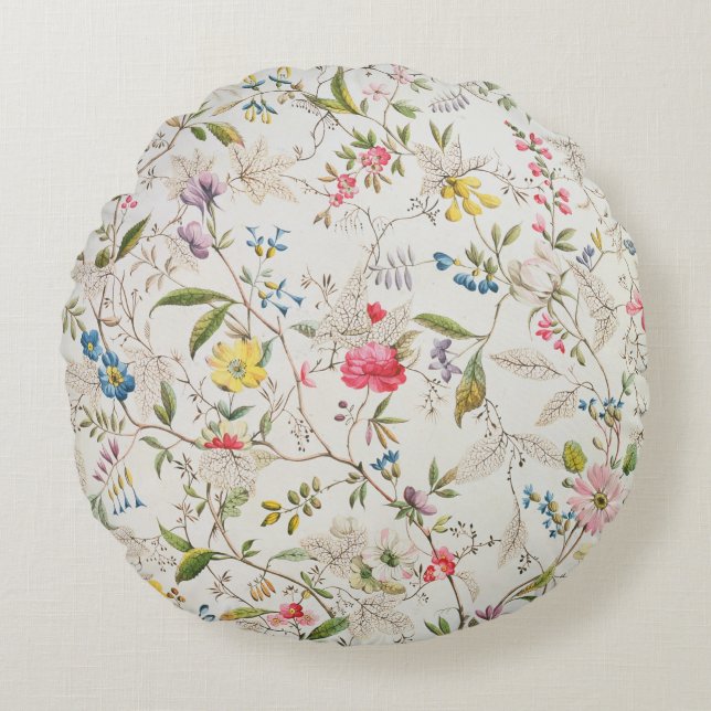 Wilde Blumen entwerfen für silk Material, c.1790 Rundes Kissen (Vorderseite)
