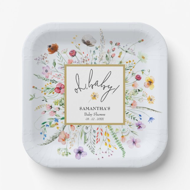 Wilde Blumen Junge Baby Shower Blau Pappteller (Vorderseite)