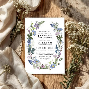 Wilde Blumen Lila Elegante Moderne QR-Code-Hochzei Einladung