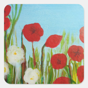 Wilde Blumen Mohn und Gänseblumen Quadratischer Aufkleber