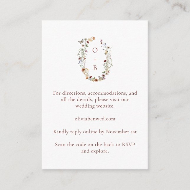 Wilde-Blumen-Monogramm-Hochzeitsdetails QR-Code-Ei Begleitkarte (Vorderseite)