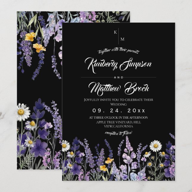  Wilde Blumen Rustikale Boho Schwarze Hochzeit  Einladung (Vorne/Hinten)