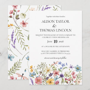 Wilde Blumen Schmetterling und Libelle Hochzeit Einladung