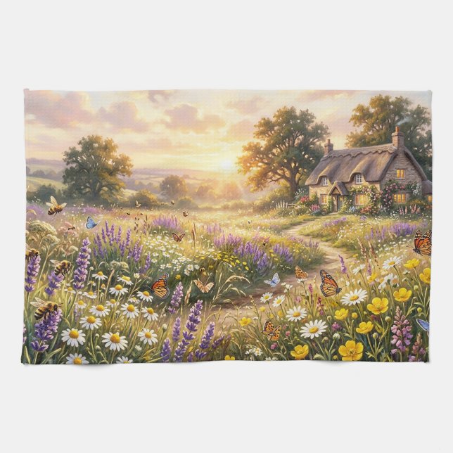 Wilde Blumen und ein süßes Cottage Geschirrtuch (Horizontal)