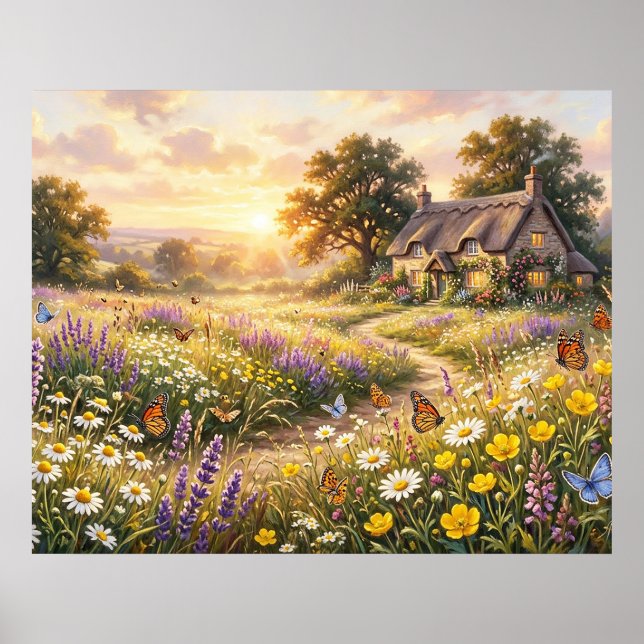 Wilde Blumen und ein süßes Cottage Poster (Vorne)