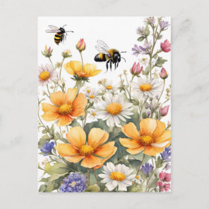 Wilde Blumen und Honigbienen Aquarell Postkarte
