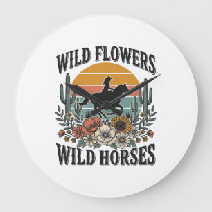 Wilde Blumen Wilde Pferde Western Blumenhemd Desi Große Wanduhr