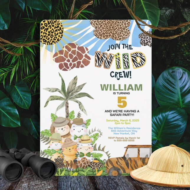Wilde Crew Safari Geburtstagsfeier Einladung (Vibrant safari-themed kids invitation with a colourful animal-inspired design.)