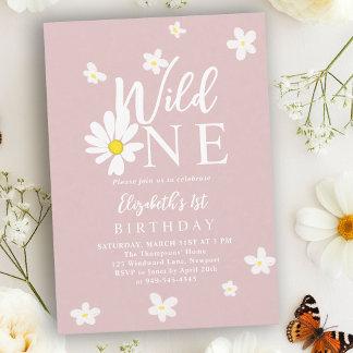 Wilde Eins Daisy Blush Rosa Blumen Mädchen 1. Gebu Einladung
