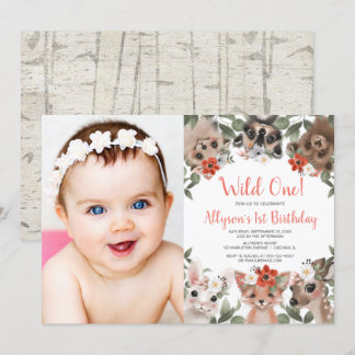 Wilde Einwaldtiere Mädchen 1. Geburtstag Foto Einladung