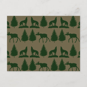 Wilde Elche Wolfen Pine Bäume Rustikale Tan Green Postkarte