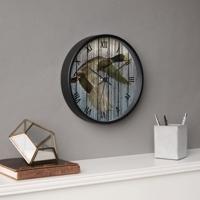 Wilde Ente im Flug mit wetterfestem Holzmuster Uhr (Büro)