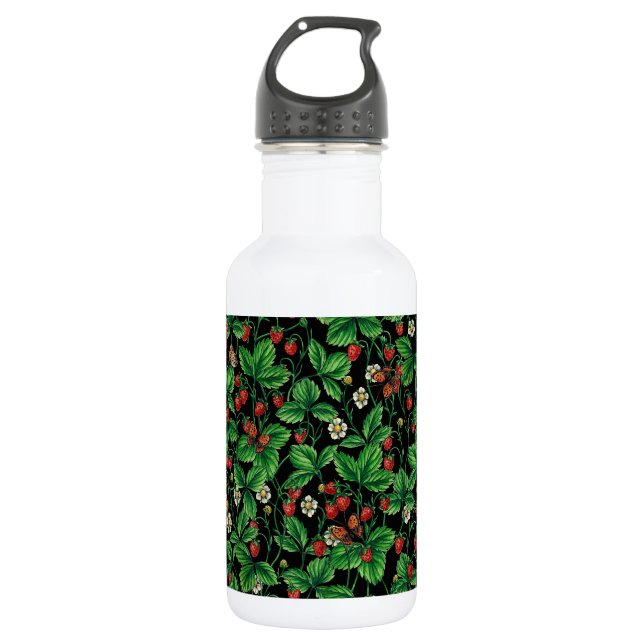 Wilde Erdbeeren auf schwarz Edelstahlflasche (Vorderseite)