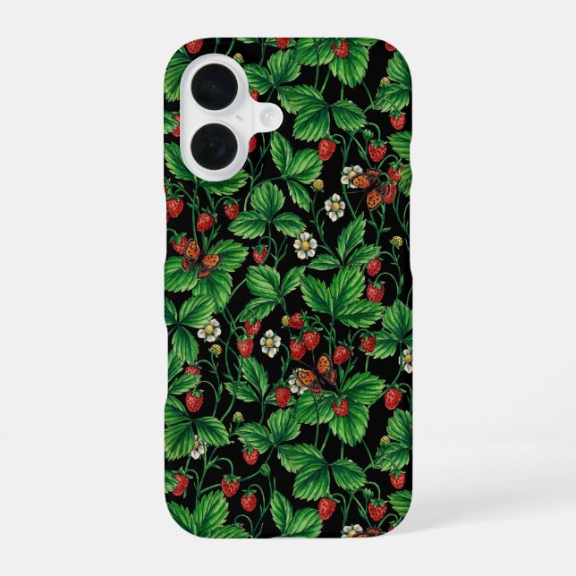 Wilde Erdbeeren auf schwarz iPhone 16 Hülle (Rückseite)
