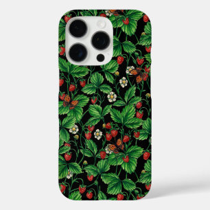 Wilde Erdbeeren auf schwarz iPhone 16 Pro Hülle