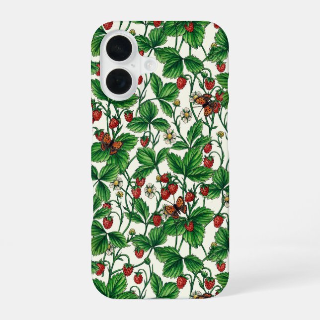 Wilde Erdbeeren auf weißem Grund iPhone 16 Hülle (Rückseite)