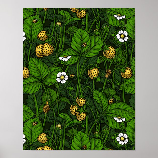 Wilde Erdbeeren, gelb und grün Poster (Vorne)