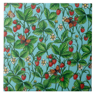 Wilde Erdbeeren in Poolblau Fliese