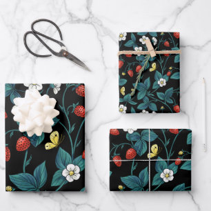 Wilde Erdbeeren rot/gelb/blau/schwarz Geschenkpapier Set