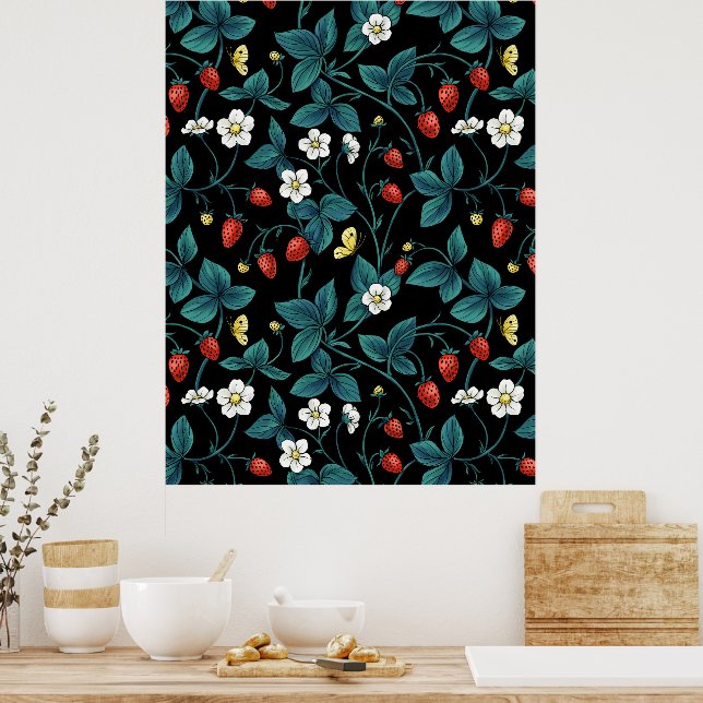 Wilde Erdbeeren rot/gelb/blau/schwarz Poster (Küche)