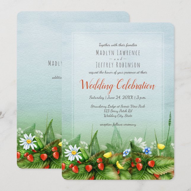 Wilde Erdbeerwiese Blaue Himmel Hochzeit Einladung (Vorne/Hinten)