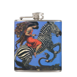 Wilde Frau reitet auf der Zebra-Flasche Flachmann