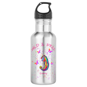 Wilde & freie Einhorn-Funkeln mit Schmetterlingen Edelstahlflasche