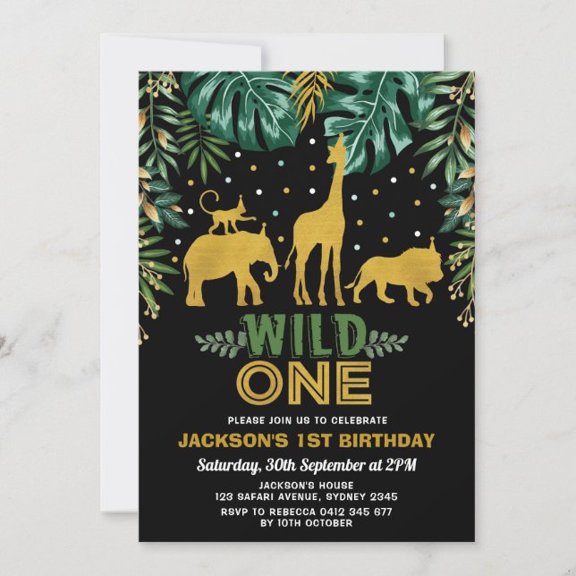 Wilde/Gold Dschungel-Safari-Tier-1. Geburtstag Einladung (Vorderseite)