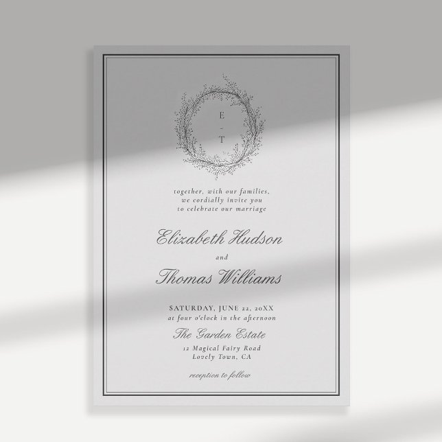 Wilde Grünpflanzen Wappen Formal Moderne klassisch Einladung (wildflowers wedding invitation black and white formal traditional botanical crest modern classic)