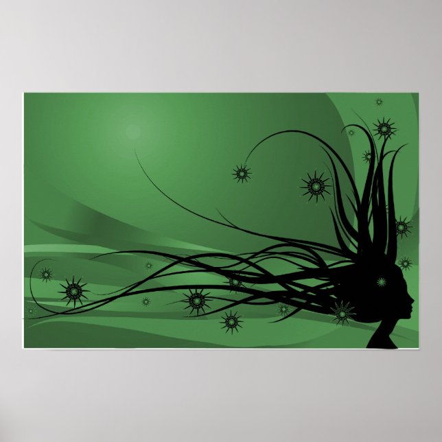 Wilde Haare Lady Profil Silhouette - Schwarz & Grü Poster (Vorne)