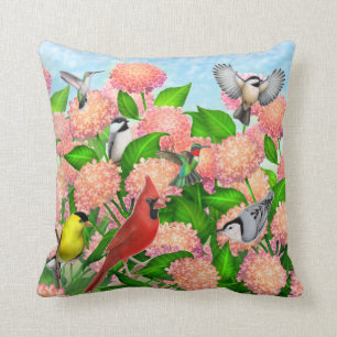 Wilde Hinterhof-Vögel auf Hydrangea-Blumen-Kissen Kissen