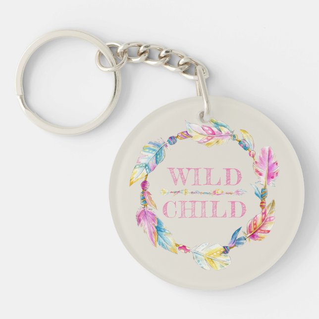 Wilde kinderfarbene Federn Aquarellkunst Schlüsselanhänger (Vorderseite)