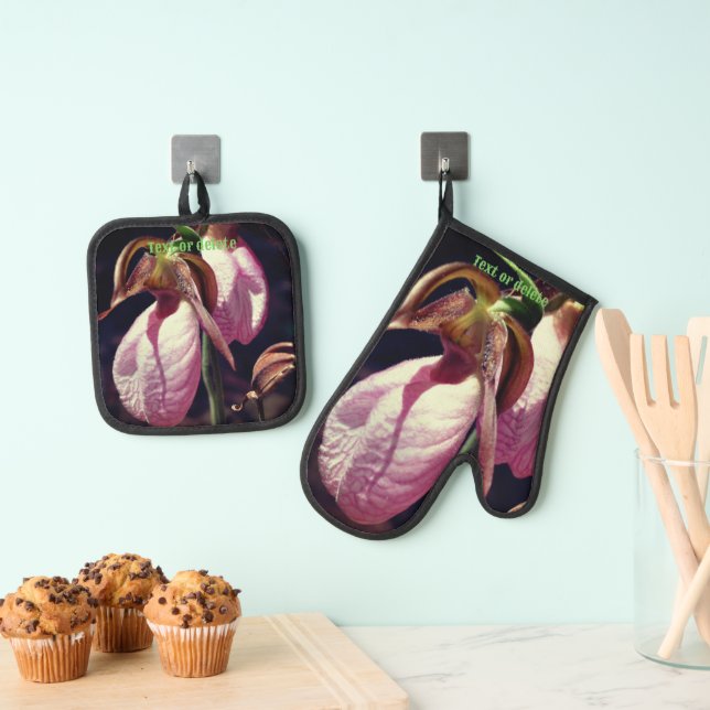 Wilde Lady Slipper Orchid-Blume Personalisiert Ofenhandschuh & Topflappen-Set (Insitu (Hängend))