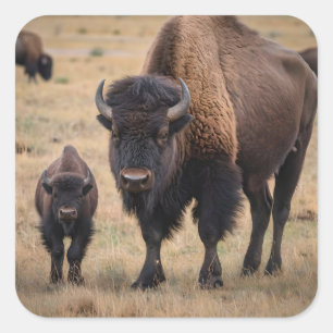 "Wilde Liebe: Das Bison und ihr Kalb" Quadratischer Aufkleber