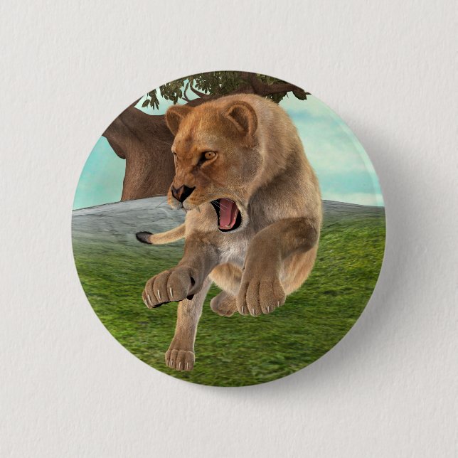 Wilde Löwin Dschungel-Abenteuer-Kunst Button (Vorderseite)