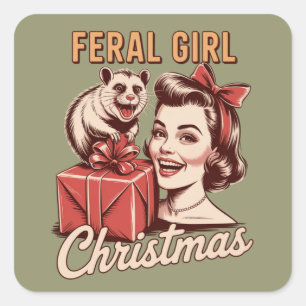 Wilde Mädchen Weihnachten Opossum Xmas Trashy Retr Quadratischer Aufkleber