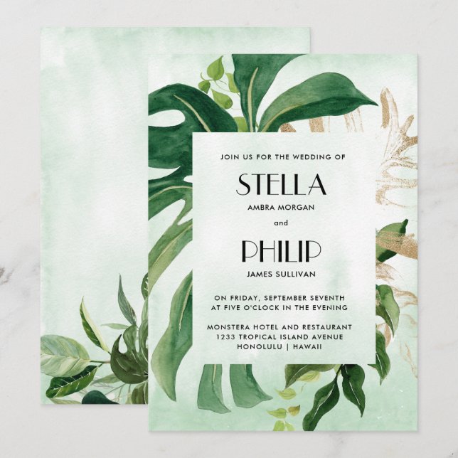 Wilde Monstera-Blätter Hochzeit Einladung (Vorne/Hinten)