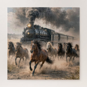 Wilde Mustangs laufen neben einem alten Zug