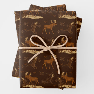 Wilde Natur Elche Vögel Dunkelbraun Rustikal Wälde Geschenkpapier Set