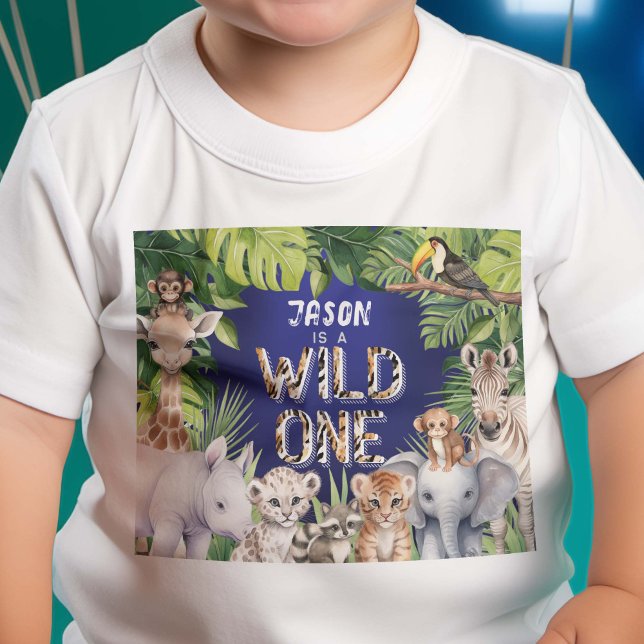 Wilde Navy, Jungle Safari Tiere, Baby 1. Baby T-shirt (Wild One, Navy Blue, Boy 1st birthday T-shirt)