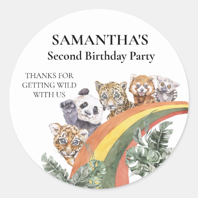 Wilde Niedliche Jungle Tiere Rainbow Birthday Gevo Runder Aufkleber (Vorderseite)