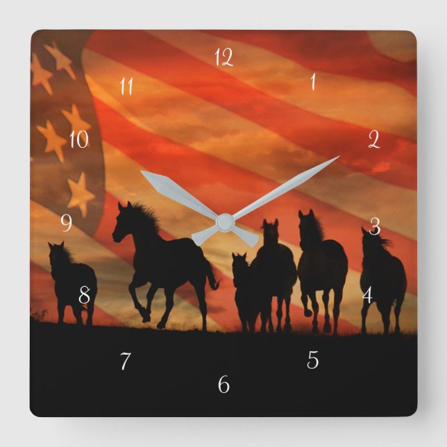 Wilde Pferde American Mustangs Quadratische Wanduhr (Vorderseite)