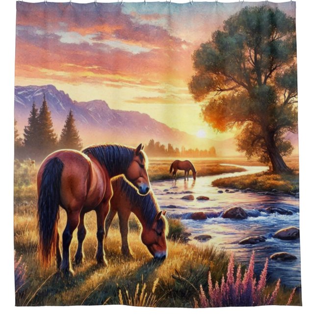 Wilde Pferde bei Sonnenuntergang Western Duschvorh Duschvorhang (Vorderseite)