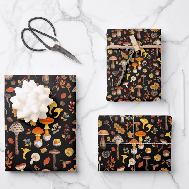 Wilde Pilze auf schwarz Geschenkpapier Set (Vorderseite)