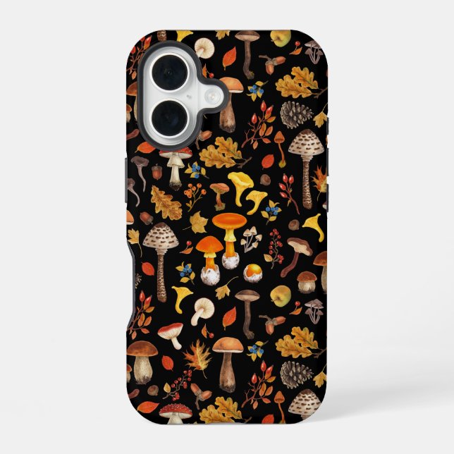 Wilde Pilze auf schwarz iPhone 16 Hülle (Rückseite)
