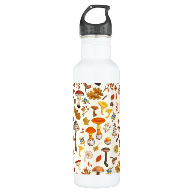 Wilde Pilze auf weißem Boden Edelstahlflasche (Vorderseite)